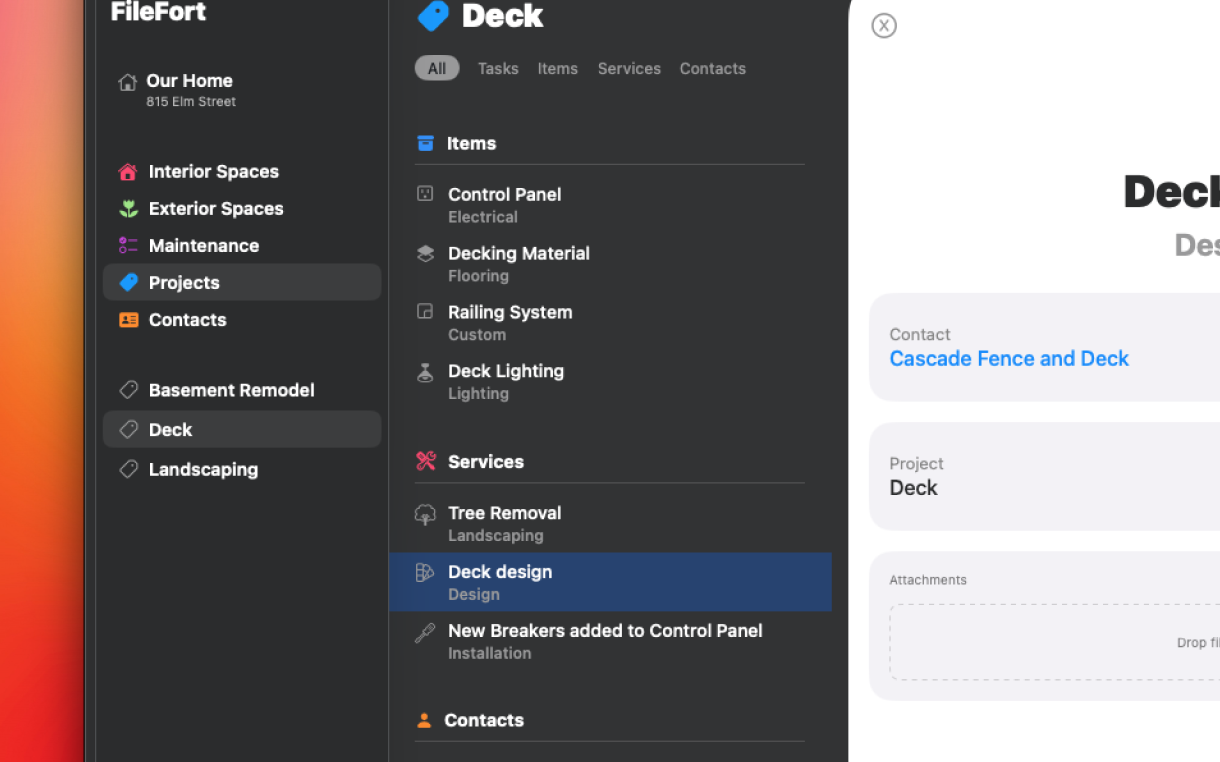 Projects and service log view